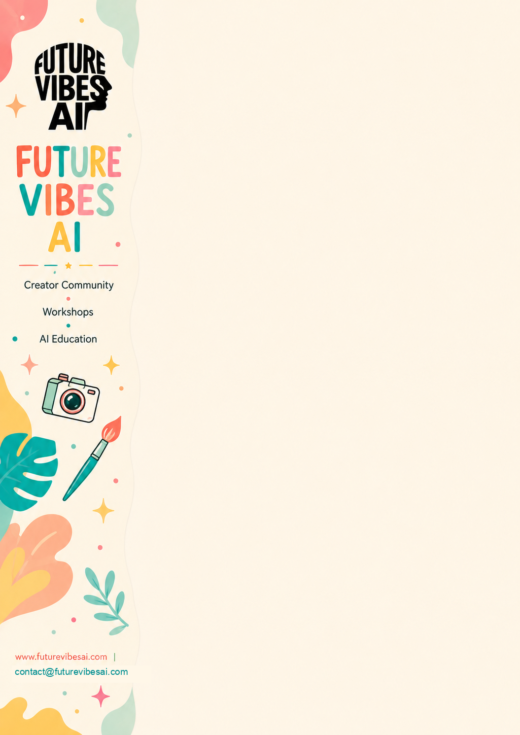 Future Vibes AI letterhead with creator community, workshops and AI education details